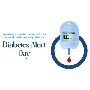 Image depicting a blood glucose meter with a reading of 180, promoting Diabetes Alert Day and early detection.