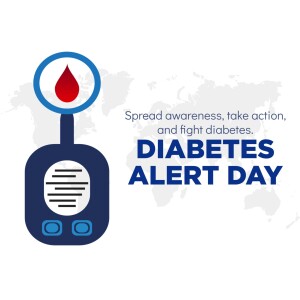 Illustration of a blood glucose monitor with a drop of blood, promoting Diabetes Alert Day and awareness.