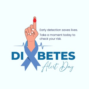 Illustration of a hand pointing to a drop of blood with a diabetes awareness ribbon and text promoting early detection.