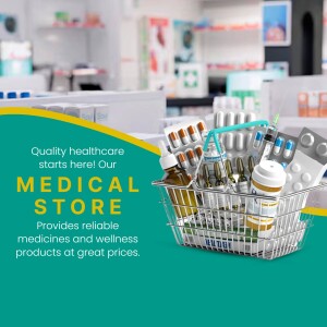 A basket filled with various medications and health products in a pharmacy.