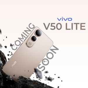 Vivo V50 Lite smartphone in rose gold color with a dynamic 'Coming Soon' effect.