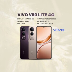 Vivo V50 Lite 4G smartphone in rose gold and dark purple colors with specifications