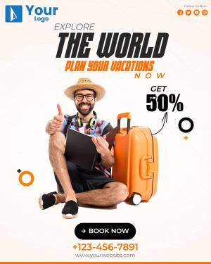 Man with suitcase and travel accessories promoting vacation deals