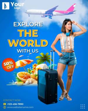 Woman with luggage and airplane, promoting travel deals.