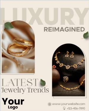 Luxury jewelry advertisement featuring gold rings, bracelets, and earrings.