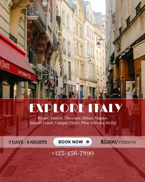 Advertisement for travel packages to Italy featuring a Parisian street scene and text promoting Italian cities.