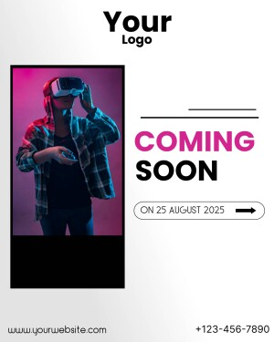 Person wearing VR headset with 'Coming Soon' announcement