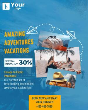 Travel poster advertising amazing adventures and vacations with a 30% discount.