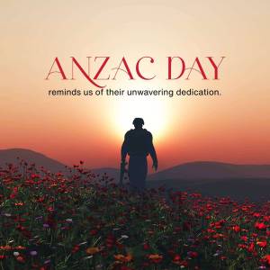 Silhouette of a soldier at sunrise with poppies, commemorating ANZAC Day.