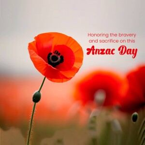 Close-up of a red poppy flower with text 'Honoring the bravery and sacrifice on this Anzac Day'