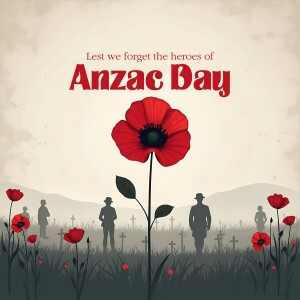 Anzac Day poppy and silhouette of soldiers at a memorial