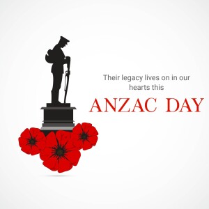 Silhouette of a soldier statue with poppies and ANZAC Day text