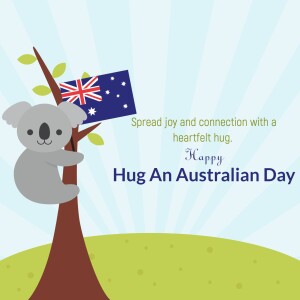 A cute koala hugging a tree with an Australian flag, celebrating Hug an Australian Day.