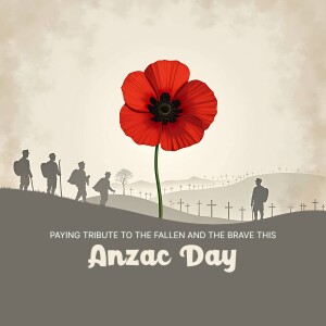 Anzac Day poppy and silhouettes of soldiers