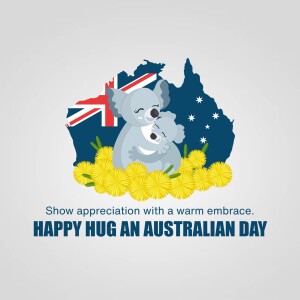 Koalas hugging in front of the Australian flag and map