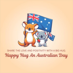 Two cute cartoon koalas hugging an Australian flag