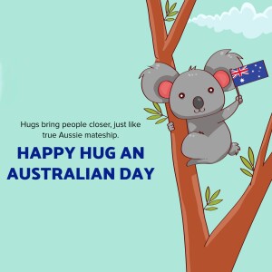Cartoon koala holding an Australian flag and hanging from a tree branch with text celebrating Hug an Australian Day.