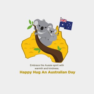Illustration of a koala and joey with the Australian flag and map