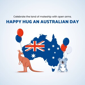 Illustration of a kangaroo, koala, balloons, and the Australian flag with a map of Australia in the background.