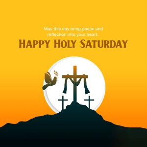Holy Saturday greeting with a cross, dove, and sunset background