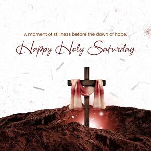 Image depicting a cross with a cloth draped over it, set against a background of earth and light, with the text 'Happy Holy Saturday'