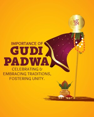 Illustration of a Gudi Padwa decoration with a golden pot, purple cloth, and traditional items.