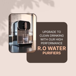 Image of a modern black water purifier with text promoting clean drinking water.