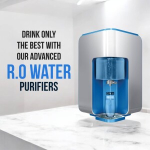 Modern R.O. water purifier with a glass of water being filled