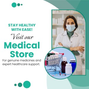 A promotional image for a medical store featuring a healthcare professional and medical supplies.
