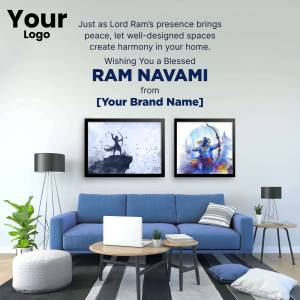 Ram Navami greeting with home decor featuring Lord Ram artwork.