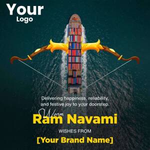 Ram Navami themed image with a cargo ship and bow and arrow design.