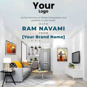 Ram Navami greeting with a modern living room interior