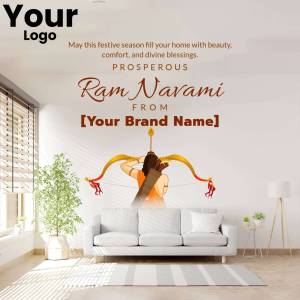 Ram Navami festive greeting with a depiction of Lord Rama with a bow and arrow in a modern living room setting.
