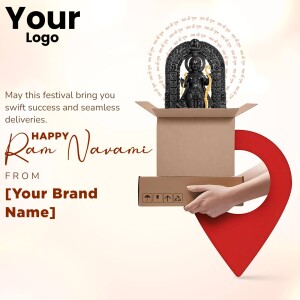 Ram Navami festival delivery promotion with a statue of Rama emerging from a package.