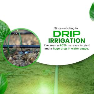 Close-up of drip irrigation system in a field with text highlighting yield increase and water usage reduction.