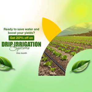 Image of a lush green field with drip irrigation systems and a promotional offer for 20% off.