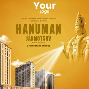 Hanuman Janmotsav greeting with a statue of Hanuman and city buildings