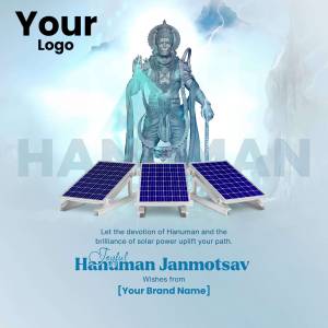 Image depicting Hanuman with solar panels and text 'Hanuman Janmotsav' and 'Your Logo'