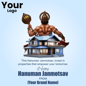 Hanuman Janmotsav promotional image with Hanuman and a house