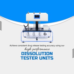 White dissolution tester machine with digital display and text promoting consistent drug release testing.