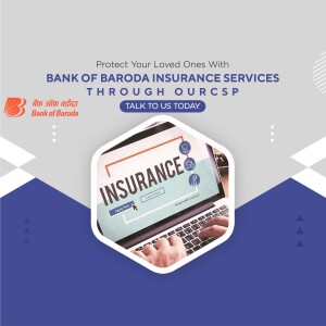 Bank of Baroda Insurance Services advertisement featuring a laptop displaying insurance information.