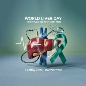 Image depicting a human liver with medical tools and a green ribbon for World Liver Day.