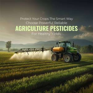 Tractor spraying pesticides on a green field