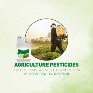 Image of a farmer spraying pesticides in a field with a pesticide container, promoting agriculture pesticides.