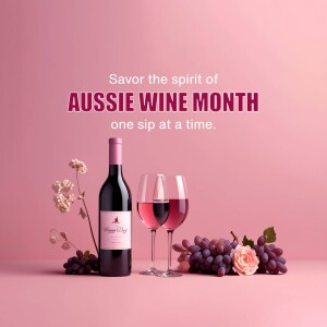 A bottle of red wine with two glasses and grapes on a pink background promoting Aussie Wine Month.