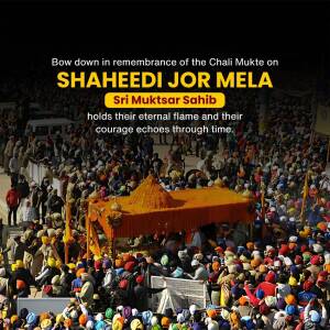 A large crowd of people gathered at Shaheedi Jor Mela in Sri Muktsar Sahib, with a decorated palanquin in the foreground.