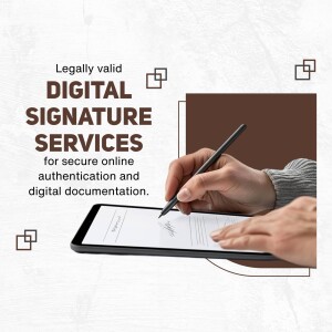 Image depicting a hand signing a document on a tablet, promoting digital signature services.