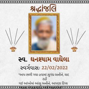 Condolence post for Dhanshyam Vadhela with portrait and incense sticks