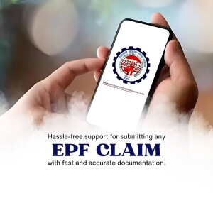 Hand holding a smartphone displaying the EPF logo and claim submission information.