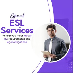 Man holding a tablet with text about ESL services for labour law requirements